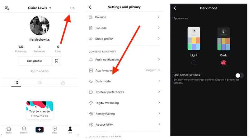 Как сделать тикток на айфоне. Тёмная тема в тик ток. Как сделать тёмную тему в тик ток. Темный режим в тик токе. Как включить чёрную тему в тик токе.